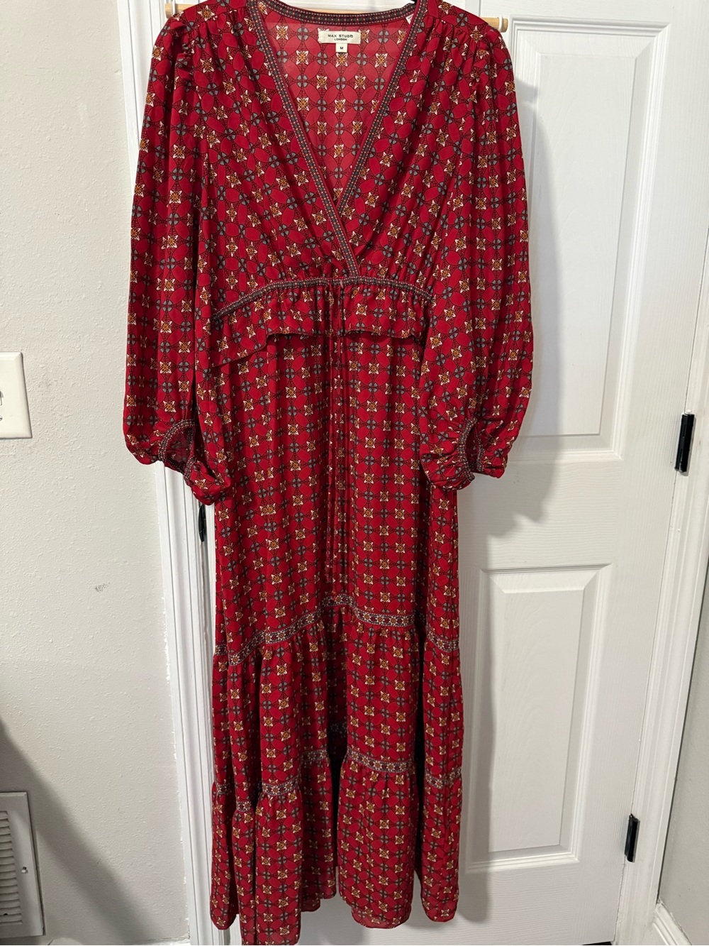 Max Studio Red Printed V-Neck Maxi Dress